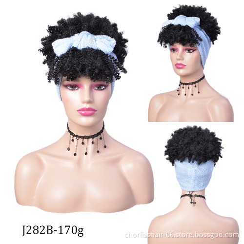Wholesale Ombre Black  Short Turban Wig Afro Headband Wig Kinky Curly Synthetic Wig With Headband Attached For Black Women